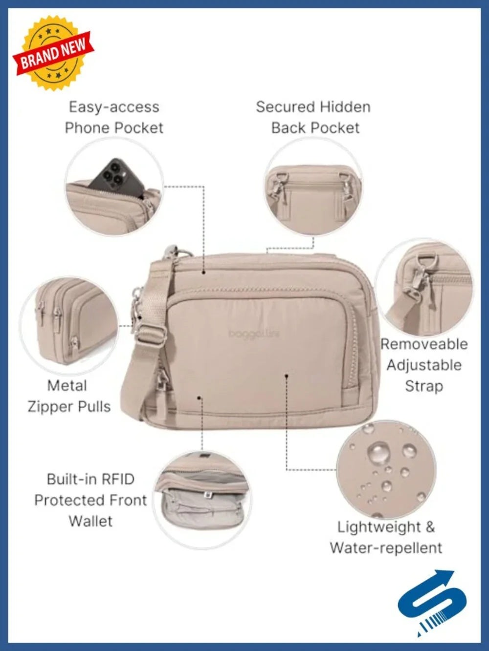 Baggallini Triple Zip RFID Crossbody Wallet Convertible Belt Bag